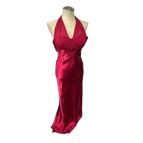 Betsy & Adam Red Satin Gown Sheer Halter Neck Short Train Back Ruffle, 6 - Picture 1 of 10